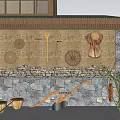 Rural Countryside Landscape With Traditional Farm Tools Stone Wall And Green Plants