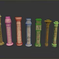 Scenic Arrangement of Columns in Various Styles with Colorful Textures on Black Background