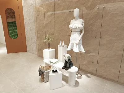 Clothing Store Interior Featuring Mannequin In White Dress Baskets Beige Walls And Tile Floor 3d model