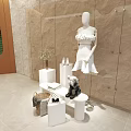 Clothing Store Interior Featuring Mannequin In White Dress Baskets Beige Walls And Tile Floor