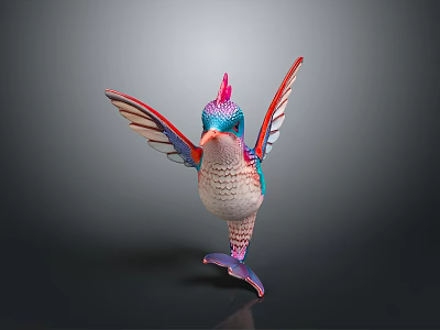 Colorful Hummingbird Sculpture With Spread Wings Vibrant Feathers And Red Crest 3d model