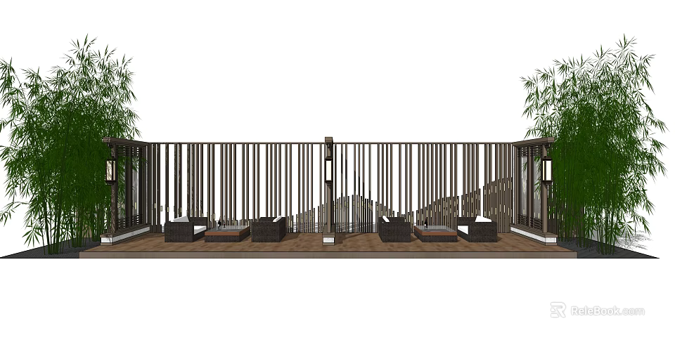 Outdoor Sofas On Wooden Deck With Wooden Slat Screen Bamboo Plants And Lighting Fixtures 3d model 