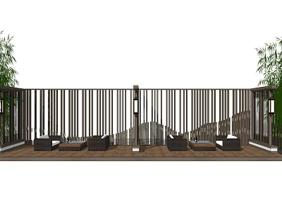 Outdoor Sofas On Wooden Deck With Wooden Slat Screen Bamboo Plants And Lighting Fixtures 3d model