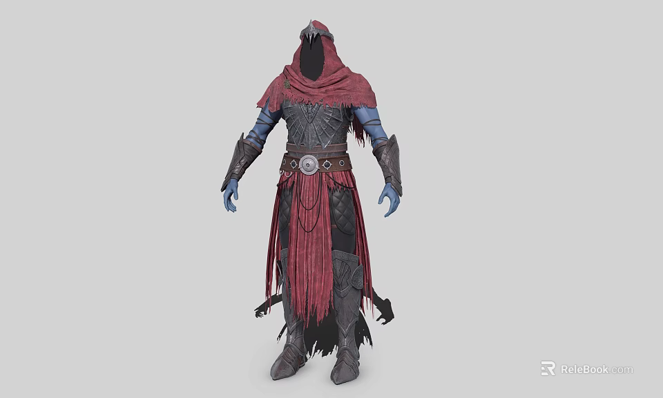 Hooded Blue Skinned Fantasy Character In Red Robe With Armor And Tassels Belt 3d model 