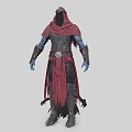 Hooded Blue Skinned Fantasy Character In Red Robe With Armor And Tassels Belt