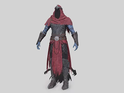 Hooded Blue Skinned Fantasy Character In Red Robe With Armor And Tassels Belt 3d model