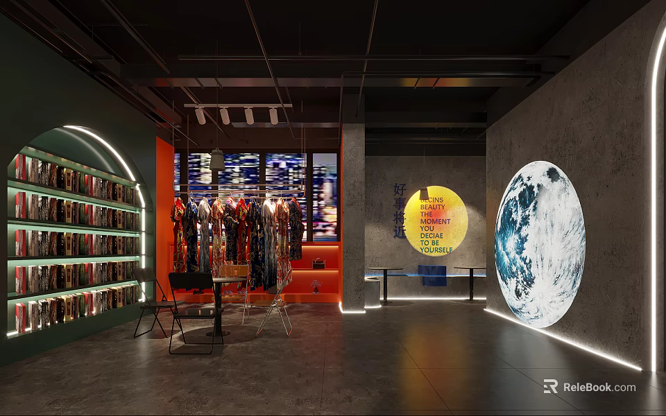 Interior Exhibition Space With Bookshelves Hanging Clothes Projected Moon Yellow Circular Design And Wall Text 3d model 