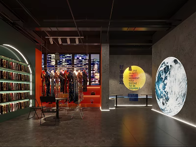 Interior Exhibition Space With Bookshelves Hanging Clothes Projected Moon Yellow Circular Design And Wall Text 3d model