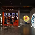 Interior Exhibition Space With Bookshelves Hanging Clothes Projected Moon Yellow Circular Design And Wall Text