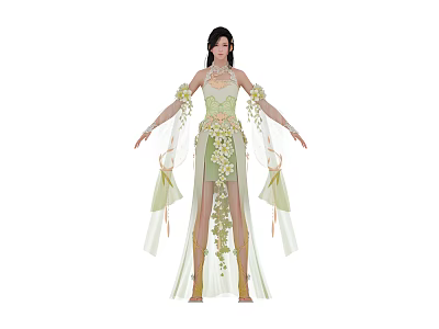 Elegant Female Character In Green Dress With Floral Biological Decorations And Flowing Sleeves 3d model