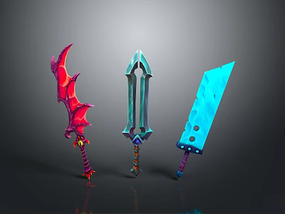Colorful Fantasy Weapons With Spiked Red Blue And Hole Patterned Light Blue Designs 3d model