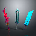 Colorful Fantasy Weapons With Spiked Red Blue And Hole Patterned Light Blue Designs