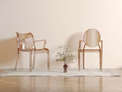 Two Transparent Acrylic Dining Chairs On Light Wooden Floor With Rug And Small Potted Plant 3d model