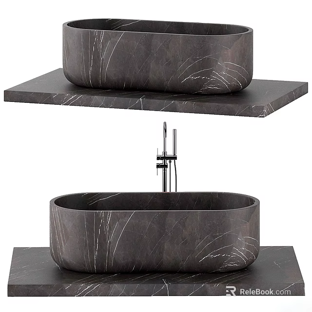 Modern Minimalist Dark Marble Oval Bathtub with Countertop and Faucet Bathroom Design 3d model 