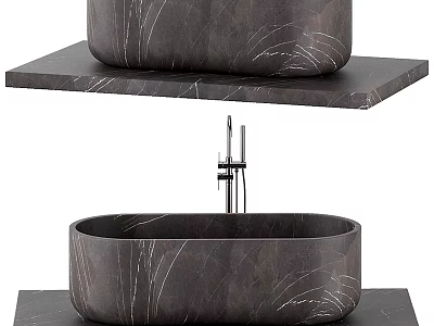 Modern Minimalist Dark Marble Oval Bathtub with Countertop and Faucet Bathroom Design 3d model