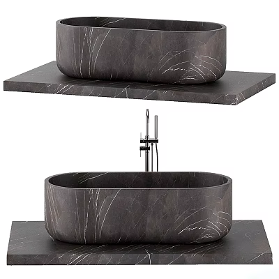 Modern Minimalist Dark Marble Oval Bathtub with Countertop and Faucet Bathroom Design 3d model