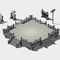 Cartoon Scene Featuring Red Carpet Platform With Railing Stairs Weapon Racks Drum And Lamp Post