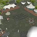 Garden Landscape With Tents Fire Pit Seating And Green Trees Outdoor Area
