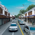 Vibrant Commercial Street with Modern and Traditional Architecture Store Signs Cars Pedestrians Bicycles Green Trees