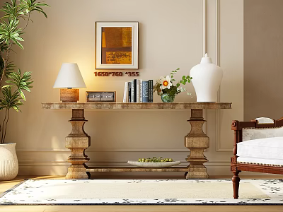Elegant Console Table In Living Interior With Table Lamp Books Vase And Wall Painting 3d model