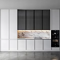 Modern Black And White Kitchen Interior With Marble Backsplash And Wine Storage Cabinet