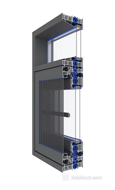 Casement Window Structural Section View With Aluminum Frame Glass And Screen 3d model 