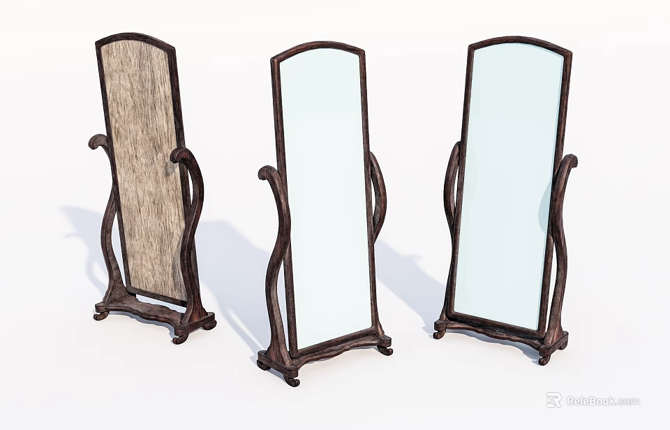 Three Elegant Standing Mirrors With Wooden Frames And Curved Design 3d model 