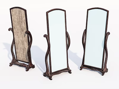 Three Elegant Standing Mirrors With Wooden Frames And Curved Design 3d model