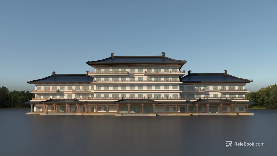 Traditional Chinese Style Visitor Center With Grand Multi story Exterior And Classic Roof Design 3d model 