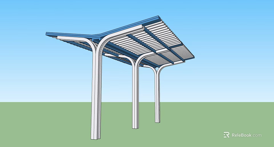 Outdoor Garden Pergola With Blue Top And White Pillars On Green Lawn Under Blue Sky 3d model 