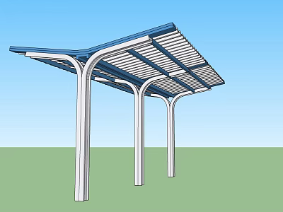 Outdoor Garden Pergola With Blue Top And White Pillars On Green Lawn Under Blue Sky 3d model