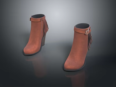 Women's Brown Leather Boots With Fringe Buckle And Block Heel Design 3d model