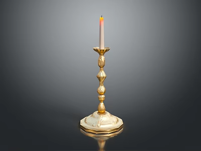 Golden Decorative Candlestick With Lit Candle And Shiny Reflective Base 3d model