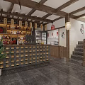 Traditional Chinese Tea House Interior With Wooden Beams Red Lanterns Tea Sets And Staircase