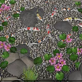 Garden Landscape With Koi Fish Swimming Among Pink Lotus Flowers Green Leaves Pebbles And Stones