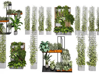 Decorative Multi Tier Shelving Units With Vertical Metal Frames And Indoor Greenery Plants 3d model
