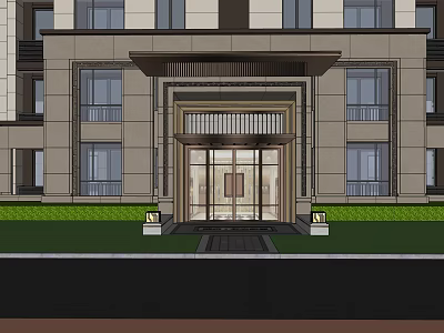 Modern Garden Landscape with Green Lawn and Plants at Building Entrance 3d model