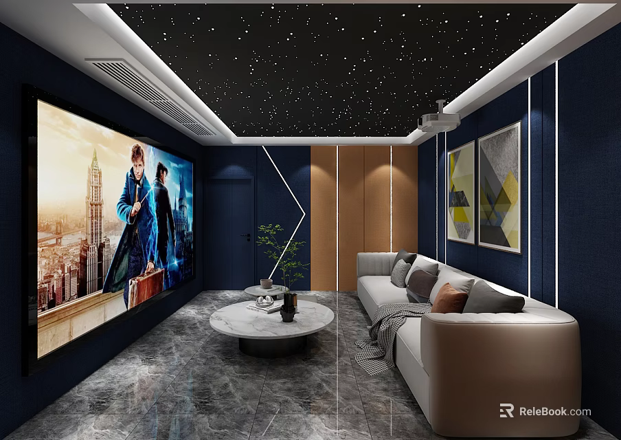 Modern Home Theater Interior With Large Screen Starry Ceiling Comfortable Sofa And Decorative Paintings 3d model 