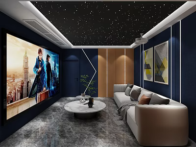 Modern Home Theater Interior With Large Screen Starry Ceiling Comfortable Sofa And Decorative Paintings 3d model