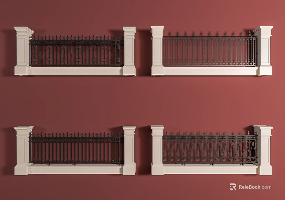 Various Iron Railings With White Pillars And Intricate Decorative Patterns 3d model