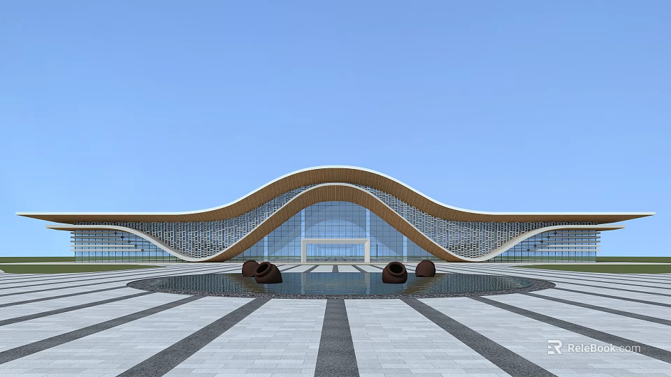 Modern Architectural Building with Curved Roof Water Pool and Open Square Design 3d model 
