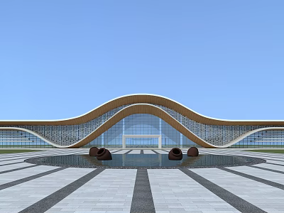 Modern Architectural Building with Curved Roof Water Pool and Open Square Design 3d model
