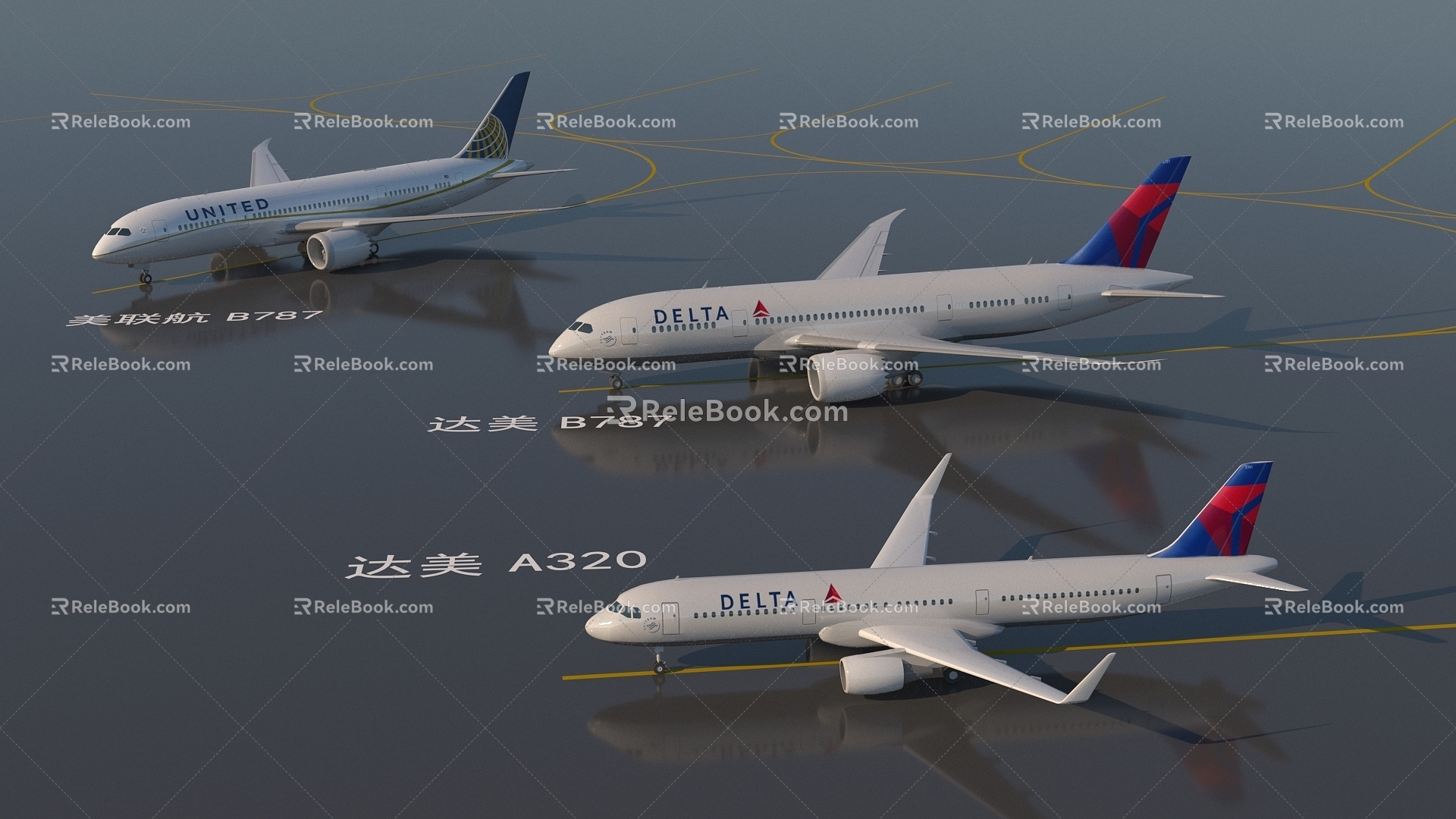 Passenger aircraft United Airlines Delta B787 A320 3d model