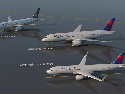 Delta Airlines D787 and A320 Passenger Planes Parked on Airport Runway 3d model