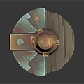 Detailed 3D Model Of Mechanical Device On Circular Wooden Platform With Orange Components
