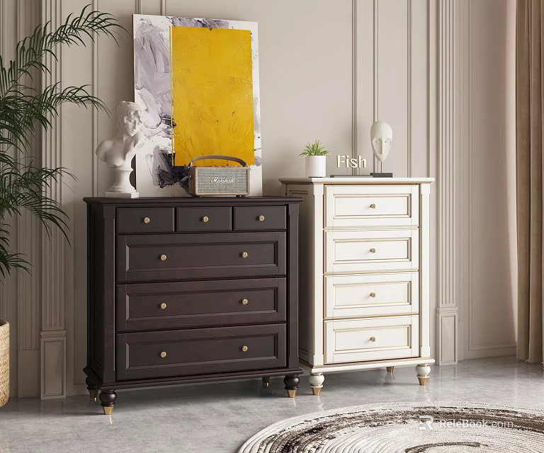 Dark And White Chest Of Drawers With Brass Legs In Modern Living Room Interior Decor 3d model 