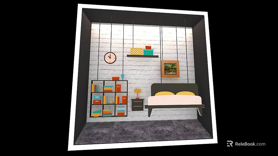 Window Display Featuring Bedroom Scene With Bed Bookshelf Clock Painting And Rug 3d model 