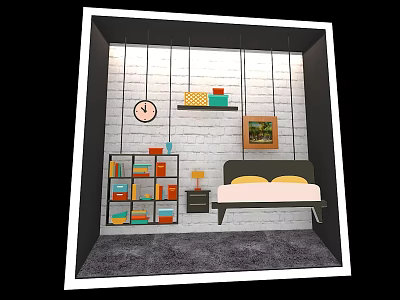 Window Display Featuring Bedroom Scene With Bed Bookshelf Clock Painting And Rug 3d model