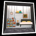Window Display Featuring Bedroom Scene With Bed Bookshelf Clock Painting And Rug