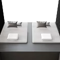 Modern Twin Kids Beds With Light Gray Mattresses Gray Pillows And White Bedding